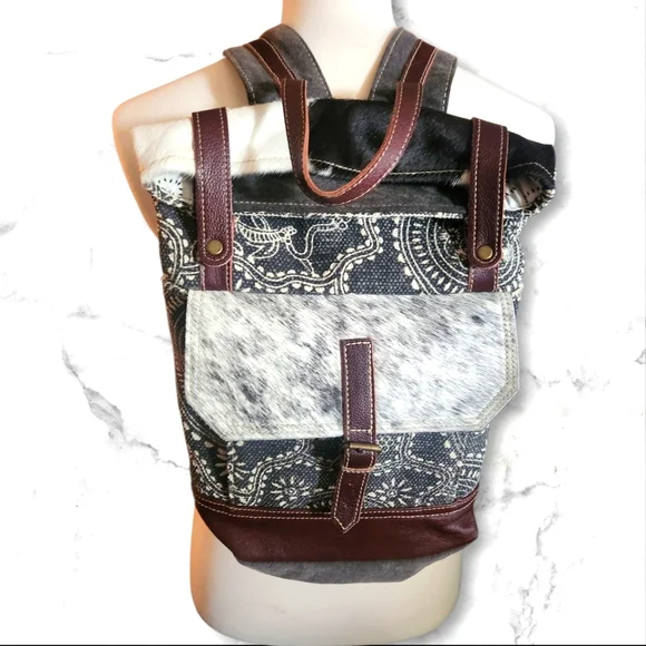 Myra Leather And Cowhide Fabric Stylish Square Backpack - Picture 1 of 15